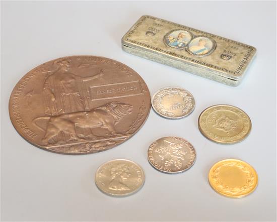 A WWI death plaque for Ernest Taylor and other medals and coins